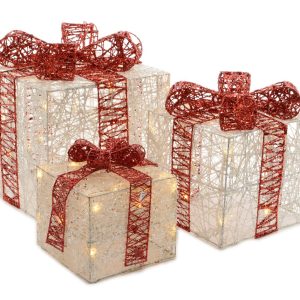 3 Cajas Regalo Lazo Granate Led Blanco cálido