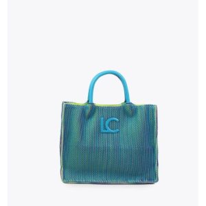 Bolso material rejilla con asa larga monograma de contraste Turquesa Lola Casademunt