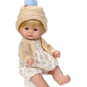 MUÑECO RANITA FLORES CELESTE CHAQUETA BEIGE 20 CM