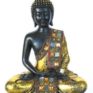 Figura de Buda sentado con motivos dorados de poliresina (25 x 18 cms.)